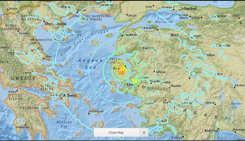 地震中心距土耳其沿海城市伊茲密爾西北約84公里（52英里），萊斯沃斯島以南15公里。（美國地質調查局）