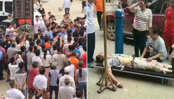6月11日湖南落選村支書被打死，逾2千村民圍住鎮政府抗議。（網絡圖片）