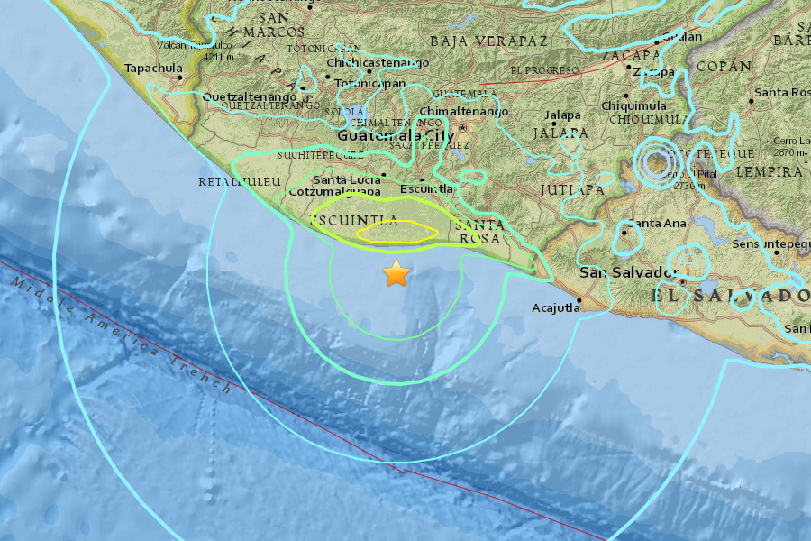 美國地質調查局（USGS）在本港時間今日（22日）下午8時31分（當地時間今日上午6時31分）錄得一次黎克特制6.8級強震，震央位於危地馬拉南部聖何塞港西南23公里處外海，震源深度46.8公里，屬淺層地震。（美國地質調查局）