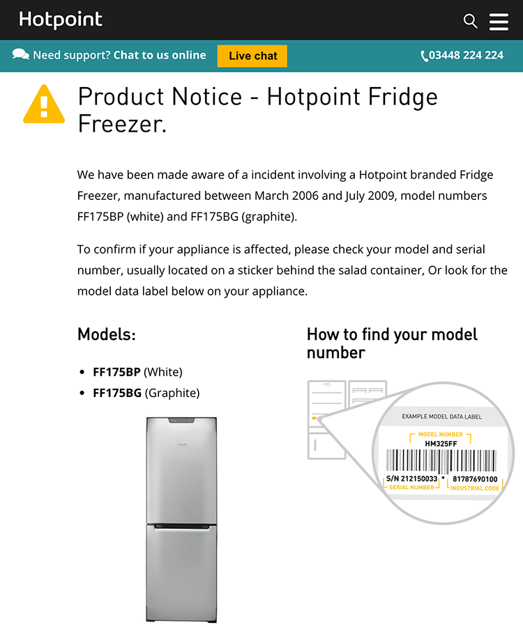 Hotpoint在其官方網站上發表聲明，呼籲用家檢查家中的雪櫃是否屬於肇事型號的產品批次。（hotpointservice.co.uk）