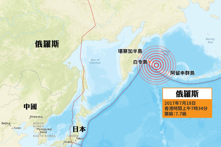 美國地質調查局（USGS）在香港時間今日（18日）上午7時34分，錄得一次黎克特制7.7級地震，震央位於尼古爾斯科（Nikolskoye）東北偏東198公里處海域，震源深度11公里，屬極淺層地震。（美國地質調查局）