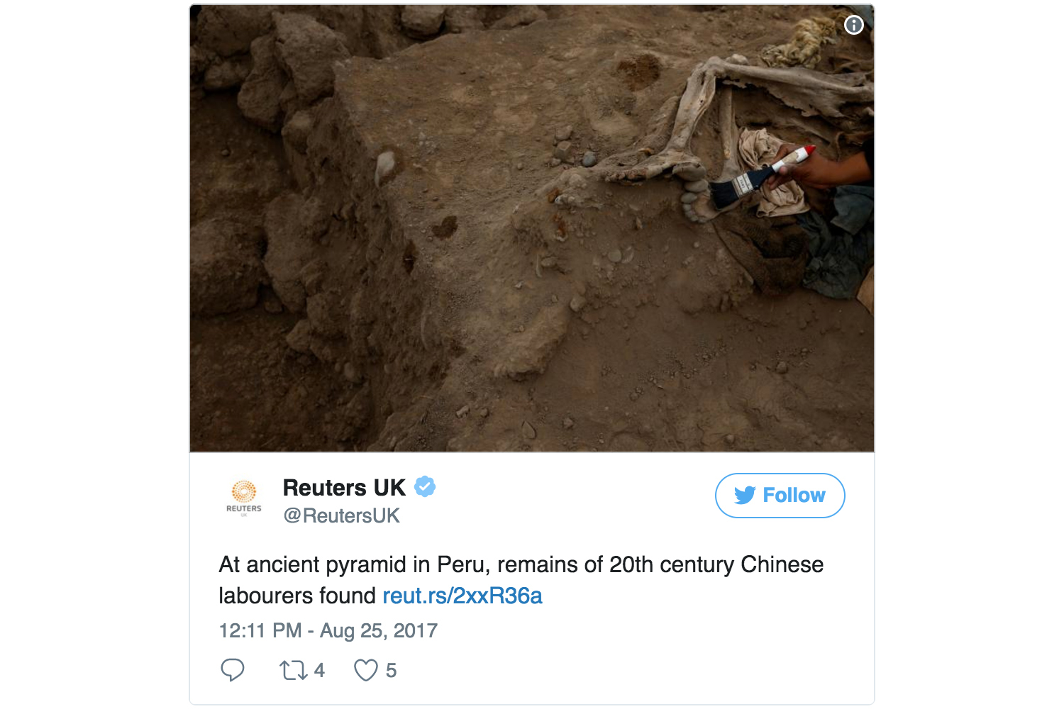 考古學家最近在秘魯發現16具中國人遺體，推測他們可能是上個世紀被帶到秘魯的契約勞工。（路透社推特擷圖）