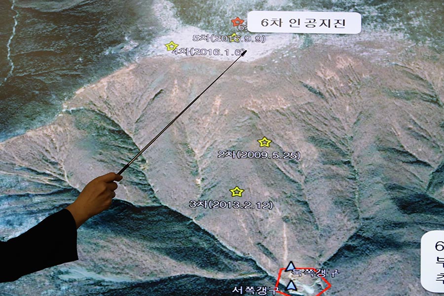 2017年9月3日，北韓進行第六次核試，外界測到相當於6.3級地震。（Chung Sung-Jun/Getty Images）