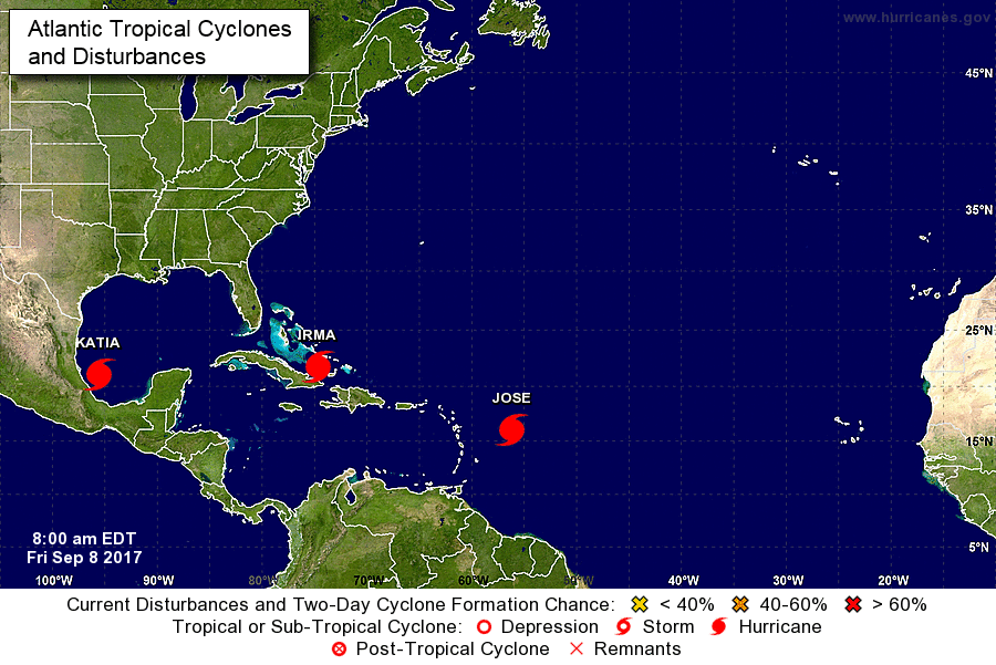 截至美東時間9月8日上午8點，颶風艾爾瑪（Irma）位於巴哈馬東南部附近，颶風荷西（Jose），在Leewards群島以東幾百英里，颶風卡蒂亞（Katia）位於墨西哥灣西南部。這是自2010年以來，大西洋地區首度有三個颶風同時出現。（圖片來源：美國國家颶風中心）