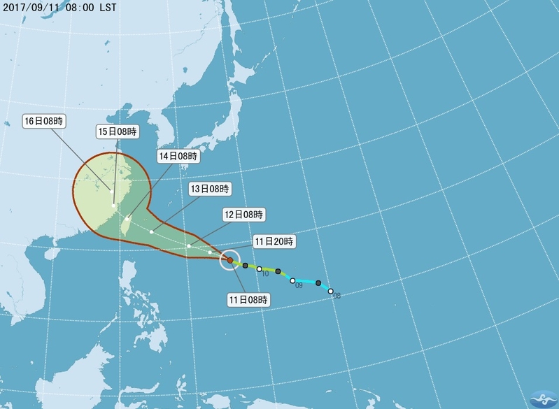 根據台灣中央氣象局最新消息，風暴泰利持續增強，氣象局預測，不排除接近台灣時變為強颱風。（台灣中央氣象局）