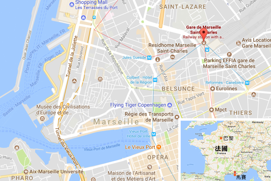 圖為位於法國南部城市馬賽的馬賽聖夏勒站位置圖。（Google地圖）