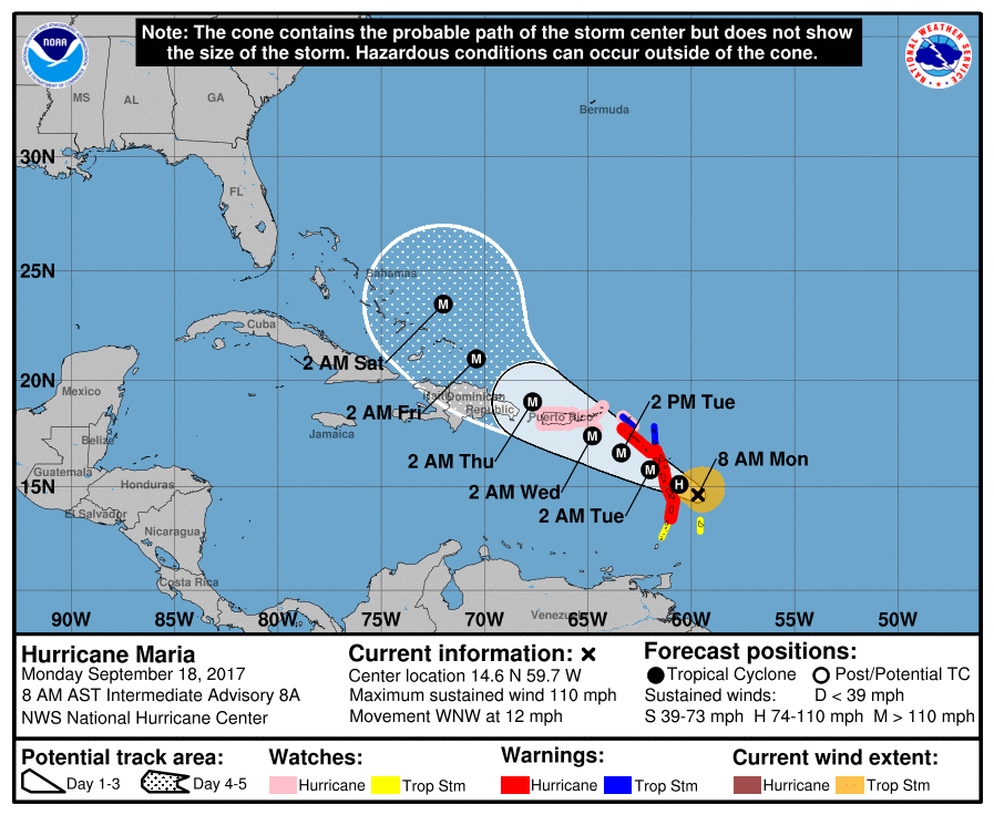 颶風瑪麗亞在9月18日上午8時（Atlantic Standard Time）的位置和前進路線。（National Hurricane Center）