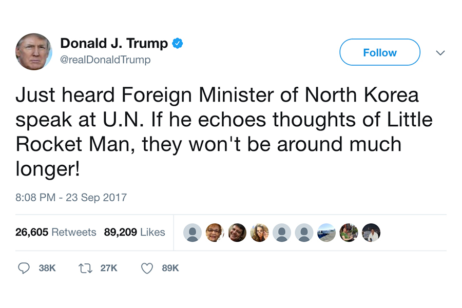 美國總統特朗普於2017年9月23日在推特上發言說：「金正恩與北韓外長的時日不多了。」回應金正恩與李勇浩近日的挑釁言論。（twitter.com/realDonaldTrump）