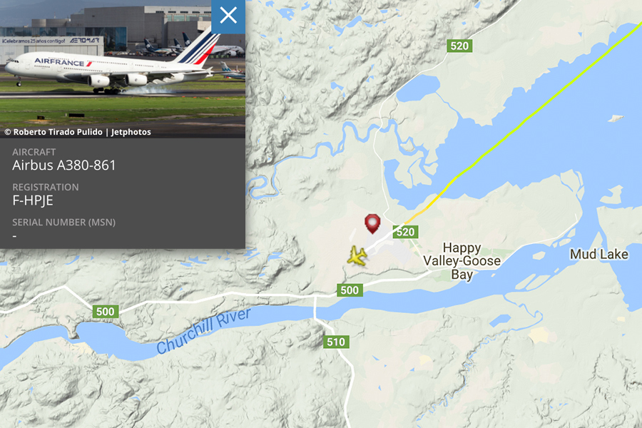 Flightradar24航班追蹤網站顯示，AF066班機在當地時間9月30日下午約1時43分降落在在加拿大拉布拉多的鵝灣機場。（Flightradar24.com）