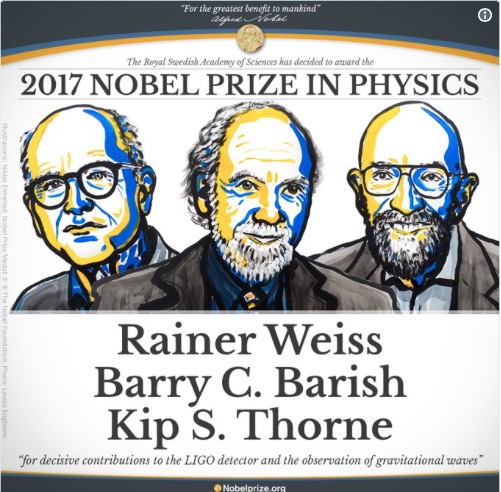 三名科學家Rainer Weiss（左）、Barry C. Barish（中）和Kip S. Thorne（右）獲得2017的諾貝爾醫學獎。（諾貝爾獎網頁擷圖）