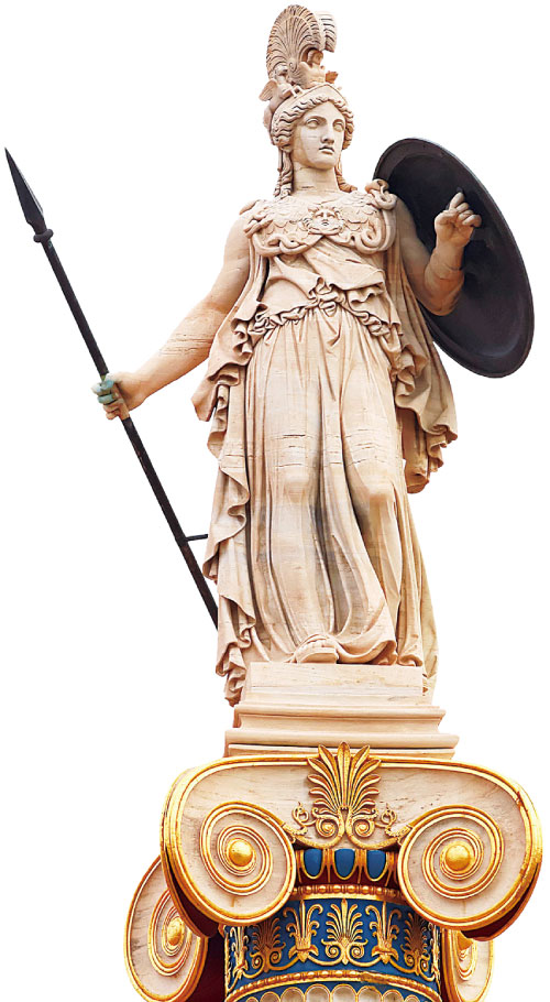 雅典學院前古希臘知識和智慧女神雅典娜雕像。