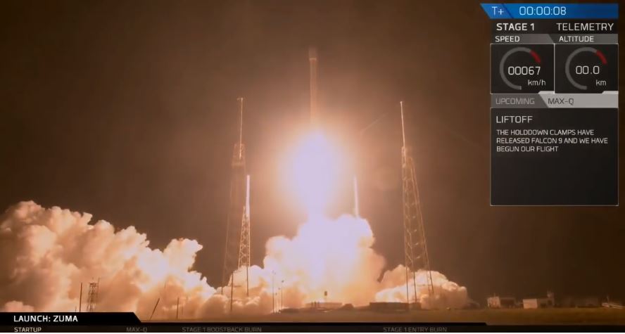 當地時間1月7日晚上8時，美國太空探索公司SpaceX完成一項神秘莫測的任務，開啟新一年的太空探索。SpaceX火箭將一個名為祖馬（Zuma）的美國政府飛船送入太空軌道。（視像擷圖）