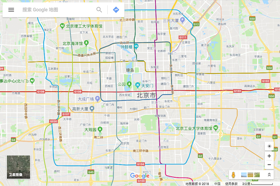 在暌違八年之後，谷歌重新啟動了它在中國的地圖服務，引起中國網民的歡呼。圖為谷歌地圖顯示的北京市。（Google Maps）
