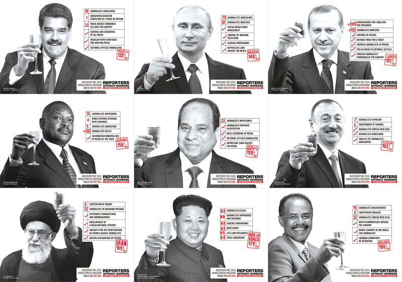 無國界記者發佈新聞審查最嚴重的12國元首名單，圖為其中6人，依次是委內瑞拉總統馬杜羅、俄羅斯總統普京、土耳其總統埃爾多安、布隆迪總統恩庫倫齊扎、埃及總統塞西、阿塞拜疆總統阿利耶夫。（RSF）
