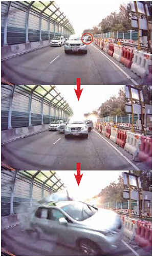 網上流傳的「車cam」影片顯示，一輛私家車（紅圈）昨日在粉嶺公路往九龍方向失控撞到其它車輛翻側，車上司機及乘客死亡。（ 影片擷圖）
