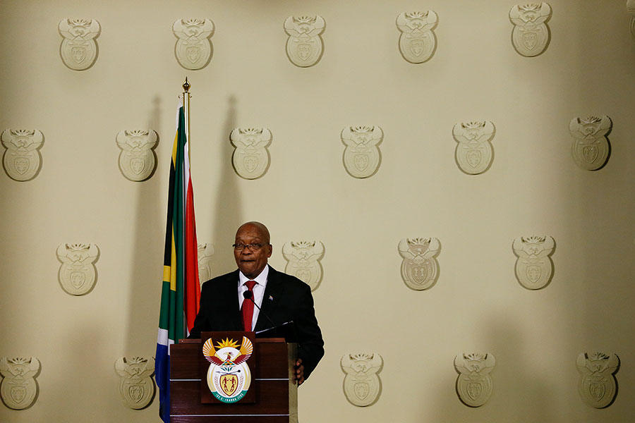 2018年2月14日，南非總統祖馬Jacob Zuma向全國發表講話，稱辭職「立即生效」，為其戲劇性政治生涯劃上句號。（PHILL MAGAKOE/AFP/Getty Images）