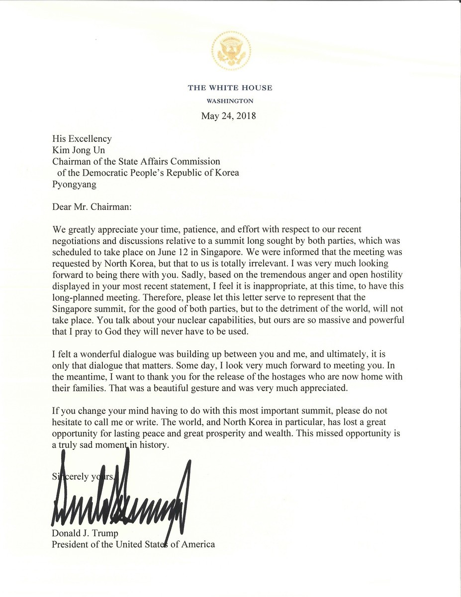 特朗普寫給金正恩的信。（白宮圖片）