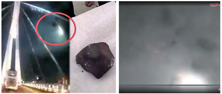 6月1日晚，雲南西雙版納有不少民眾目擊隕石墜落，隕石墜落時，瞬間照亮半個夜空（右）。當地人2日找到一塊隕石（左）。（影片截圖）