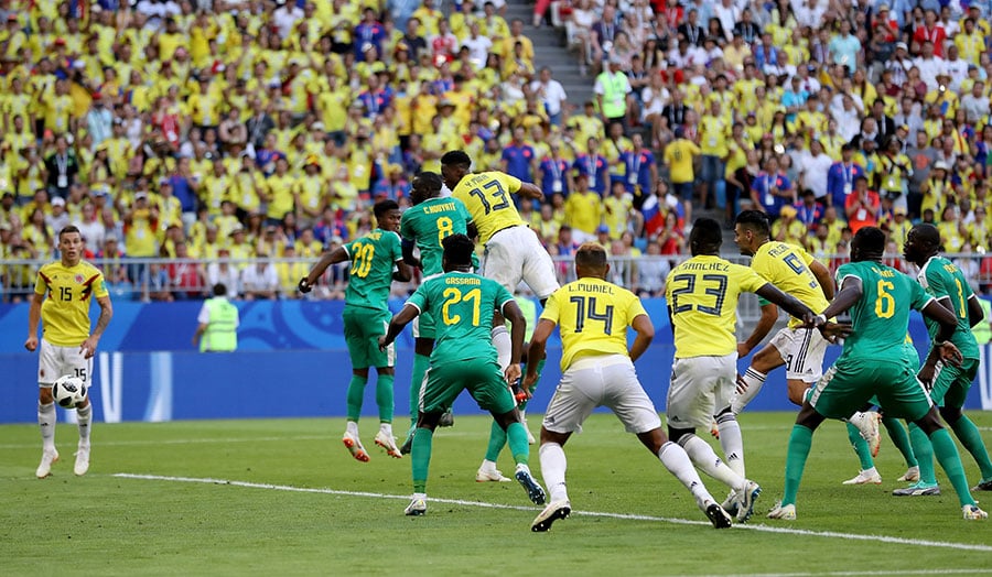 哥倫比亞隊的耶利文拿頭槌破網，打入全場唯一進球。（Getty Images）
