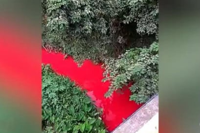 四川宜賓一段象鼻河受污染變紅。（視像擷圖）