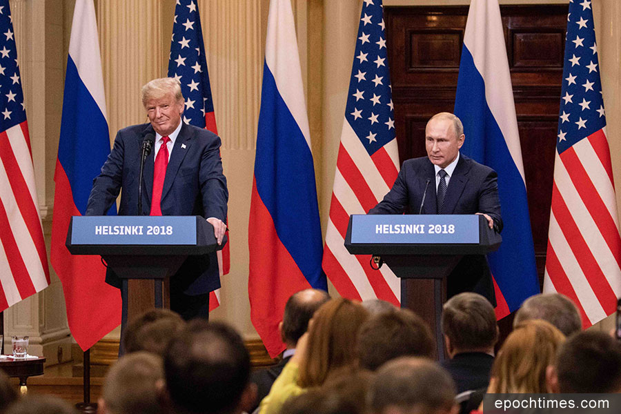美國總統特朗普和俄羅斯總統普京在赫爾辛基舉行歷史性雙邊會議結束後，雙方舉行了聯合新聞發佈會。（Samira Bouaou／大紀元）