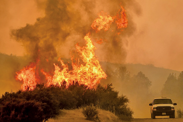 加州野火肆虐總面積已增至28.3萬英畝以上，接近洛杉磯市總面積（30萬英畝），成為加州史上最大的火災。（AFP）