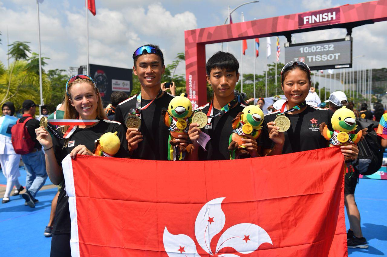 亞運最後一日的賽事中，港隊在三項鐵人混合接力賽取得銅牌。（香港體育協會提供）