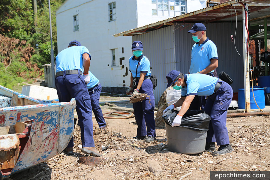 在剛過去的周末期間，民安隊派出每日50人前往吉澳支援，幫助清走大量垃圾，鋸斷阻路的大樹，協助小島居民恢復正常生活。（陳仲明／大紀元）