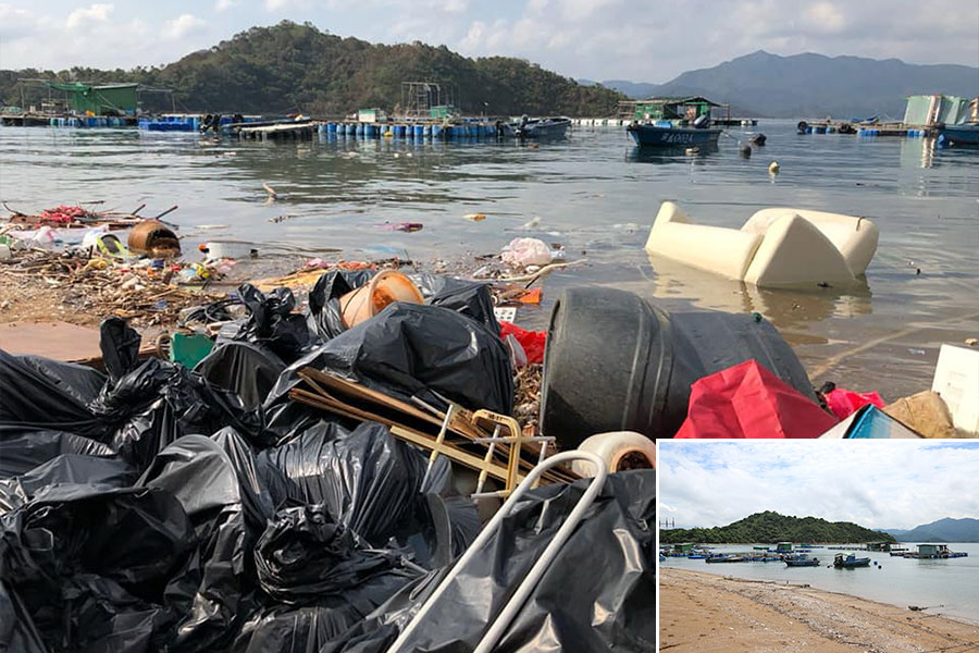 吉澳漁民村在山竹襲港期間受到重創，海邊一度堆滿大量垃圾。小圖為吉澳漁民村海邊的原來面貌。（大圖：Kato Chan／「吉澳人。吉澳事」FB群組；小圖：陳仲明／大紀元）