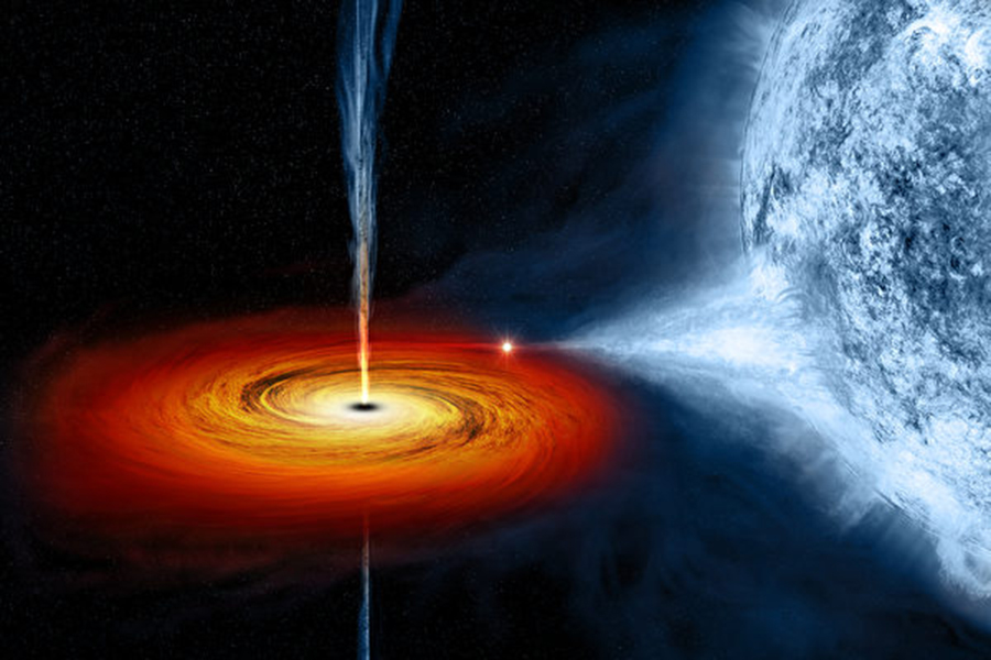 美國勞倫斯利弗摩國家實驗室的研究指出，中型黑洞可能可以讓已經死亡的白矮星「復活」。圖為一個黑洞吸入鄰近藍色恆星的物質的示意圖。（NASA）