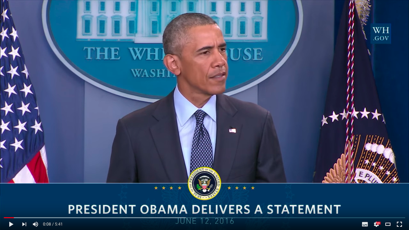 美國總統奧巴馬周日下午在白宮發表聲明譴責佛州恐怖槍擊案。（白宮YouTube頻道）