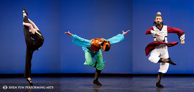 神韻舞蹈演員陳超慧，陳厚任和李博健在新唐人中國舞大賽上表演中國古典舞技巧。（神韻藝術團提供）