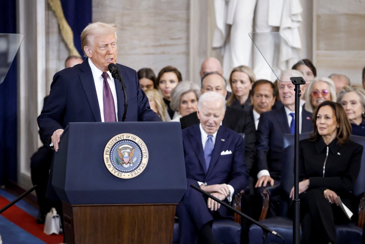 2025年1月20日,美國華盛頓特區,美國總統特朗普(Donald Trump)在美國國會大廈圓形大廳宣誓就任第47任美國總統後發表就職演說。(Shawn Thew/POOL/AFP)