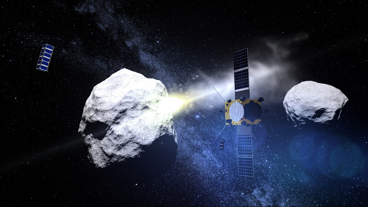 NASA發射飛船撞擊小行星示意圖。（Handout/European Space Agency /AFP）