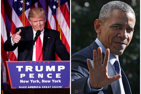 奧巴馬總統9日上午致電特朗普，祝賀他當選總統，並邀請他在10日到白宮討論「政權平穩過渡」。（大紀元合成圖）