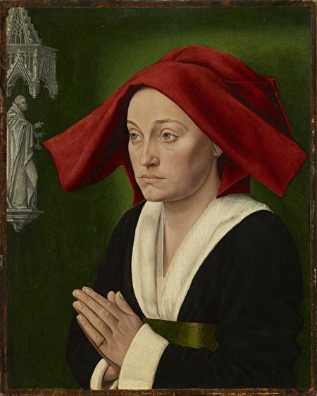 紀堯姆或皮埃爾‧斯派克的作品《祈禱女子肖像》（Portrait of a Praying Woman），約1470年。本圖為一幅夫婦雙聯畫的其中一半。油彩、畫板，24 1/4 x 19 3/8英吋。勃艮第公爵宮，法國第戎。（Museum of Fine Arts, Dijon, France／勃艮第公爵宮提供）