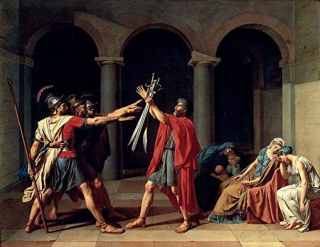 《荷拉斯兄弟之宣誓》（The Oath of the Horatii）（局部），1784年，大衛，油彩、畫布，330 x 425 厘米，羅浮宮博物館，巴黎，法國。（公有領域）