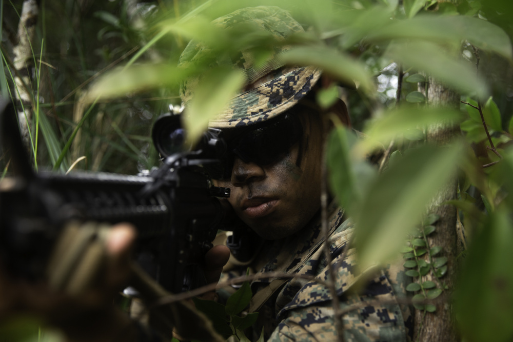 5月26日，美國海軍陸戰隊在日本沖繩北部訓練區進行叢林戰演習。（美國海軍陸戰隊）