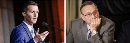 (左)2021年11月3日,聯邦眾議員賈里德‧戈爾登(Jared Golden,緬因州民主黨)在華盛頓特區舉行的「頑固分子」華盛頓特區慈善晚會(Headstrong DC Gala)上發表演講。戈爾登正在尋求在緬因州第2國會選區的第五個任期,該選區也是投票支持特朗普總統的交叉選區。(右)2018年2月12日,緬因州州長保羅‧勒佩奇(Paul LePage)在聆聽特朗普的講話,在白宮的這個與州和地方官員舉行的會議上,特朗普政府公布了期待已久的基礎設施計劃。(Paul Morigi/Getty Images for Headstrong, Chip Somodevilla/Getty Images)