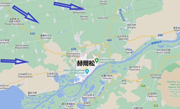 烏克蘭軍隊在赫爾松地區反攻，第聶伯河阻隔了俄軍的救援和補給通道。（Google地圖，大紀元製圖）