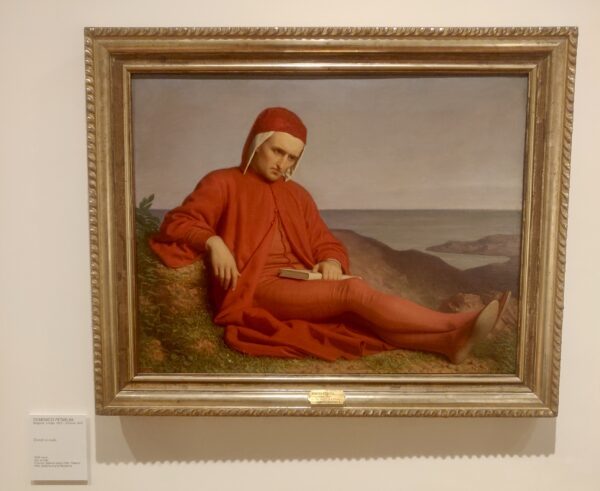 但丁  多梅尼科·佩塔里尼（Domenico Petarlini.）的作品《流放中的但丁》（Dante in Exile），約1860年。油彩、畫布，29.9 x 37.8吋。近代美術館，彼提宮，烏菲茲美術館，佛羅倫斯。（Fabio Blaco/The Uffizi Galleries）