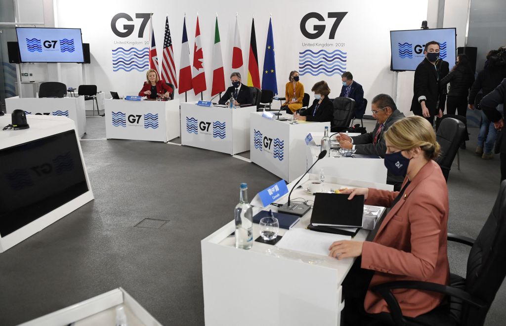 2021年12月12日，G7外長和發展部長在英國舉行會議。（Olivier Douliery/POOL/AFP via Getty Images）