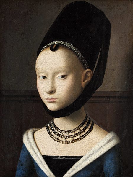 彼得魯斯‧克里斯蒂（Petrus Christus）的作品《年輕女子肖像》（Portrait of a Young Woman），約1470年。油彩、橡木畫板，11 1/2 x 9英吋。圖片畫廊，柏林國家博物館群。（Picture Gallery, Berlin State Museums／柏林國家博物館群提供）