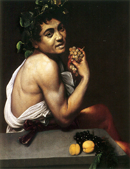 卡拉瓦喬(Caravaggio)的作品《巴克斯的偽裝肖像》(Self-portrait in the guise of Bacchus)或《生病的巴克斯》,1593年創作。油彩、畫布。羅馬博爾蓋塞美術館。(公有領域)