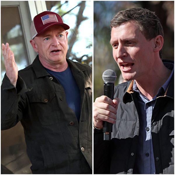左：美國亞利桑那州民主黨參議員馬克·凱利（Mark Kelly）於2022年11月6日在亞利桑那州圖森市集會上講話。（Kevin Dietsch/Getty Images）右：亞利桑那州共和黨參議員候選人布萊克·馬斯特斯（Blake Masters）於2022年11月5日在亞利桑那州集會上講話。（Justin Sullivan/Getty Images）