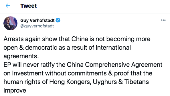 歐洲議會資深議員、比利時前首相居伊·伏思達（Guy Verhofstadt）1月6日上午7點18分發表了這篇推文。（推特截圖）