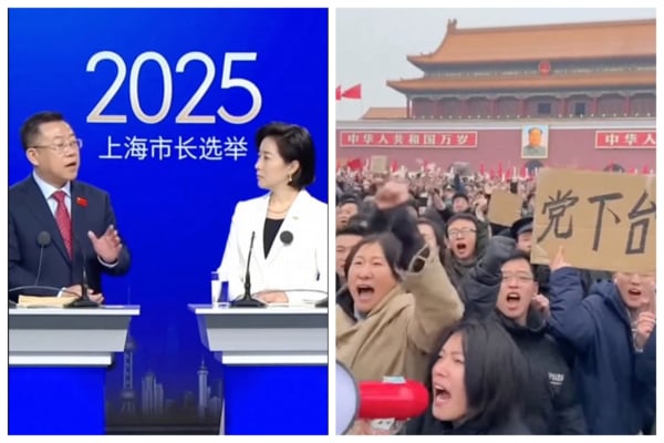 圖為AI影片中,共產黨垮台前後,人民走上天安門廣場和2025年上海選舉市長二個場景。(影片截圖)