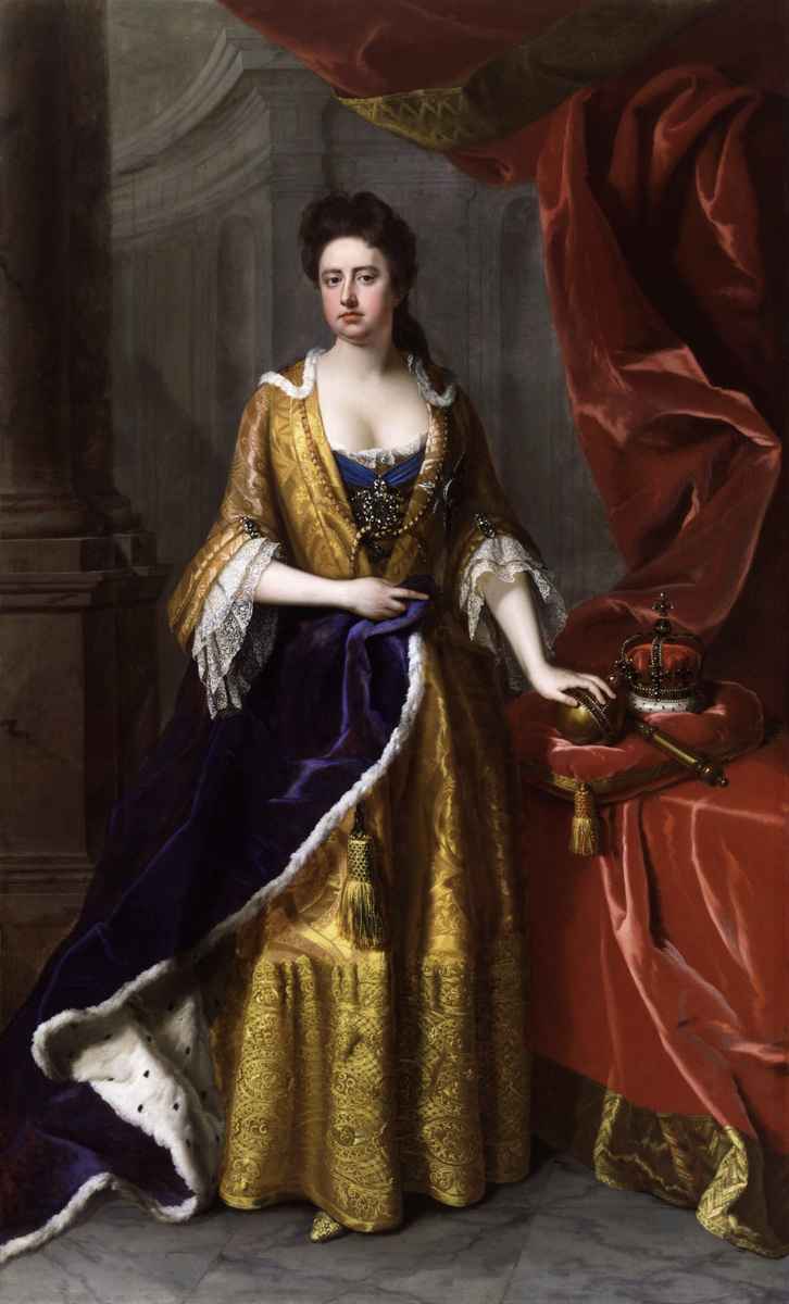 邁克爾‧達爾（Michael Dahl）的肖像作品《安妮女王》（局部），1702年左右創作。身為英國統治者的安妮女王希望這幅肖像畫能像她在1690年還是公主時期的肖像畫一樣年輕與樸實。英國國家肖像館（National Portrait Gallery, London）。（公有領域）