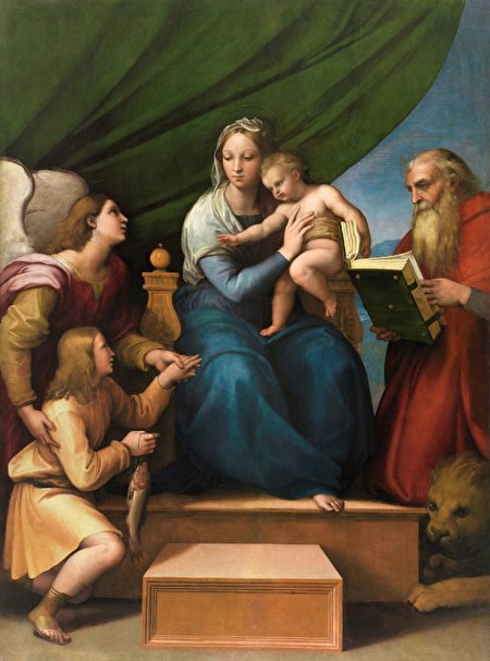拉斐爾，《聖母子與拉斐爾、托比亞斯和聖耶柔米》（The Holy Family with Raphael, Tobias and Saint Jerome），又稱「有魚的聖母」（Virgin with a Fish），由木板轉移至布面的油畫，1513—1514年作，215×158 cm，馬德里普拉多博物館藏。（公有領域）