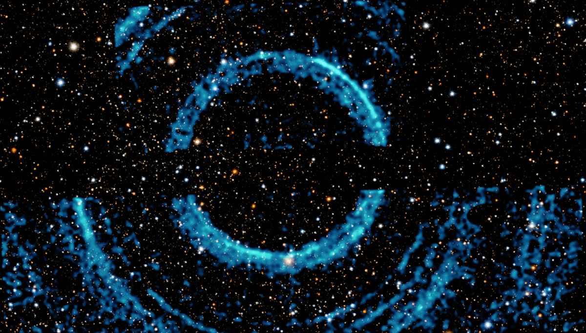 NASA拍到一個具有多個同心環狀結構的黑洞。（X-ray: NASA/CXC/U.Wisc-Madison/S. Heinz et al.; Optical/IR: Pan-STARR）